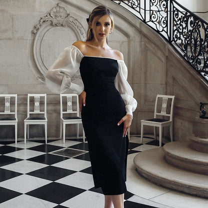 Elegant Off-Shoulder Midi Dress with Sheer Sleeves
